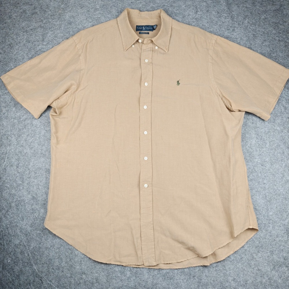 Polo Ralph Lauren Mens XL Linen Shirt Short Sleeve Button Down Tan Classic Fit